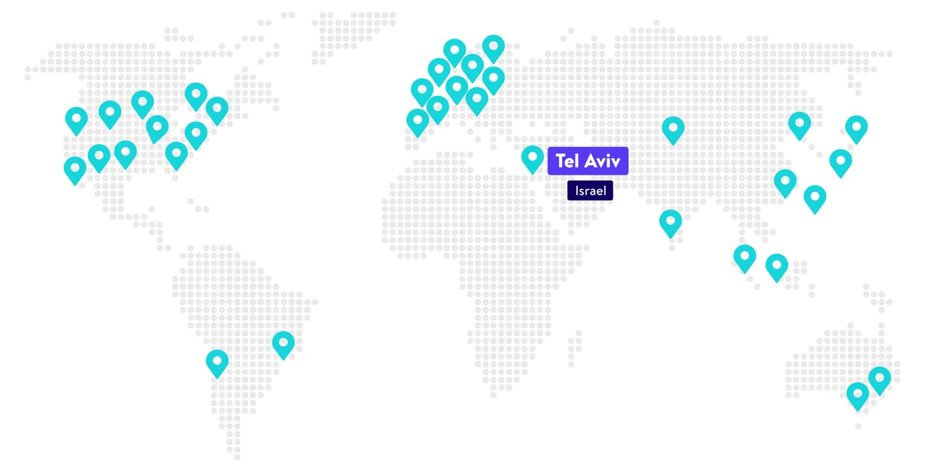 Een illustratie van de wereldkaart met daarop alle datacenters van Kinsta