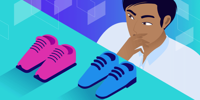 Illustratie van persoon die tussen twee paar schoenen kiest