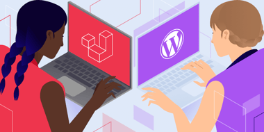 Illustrazione: due persone che guardano i computer con i loghi di WordPress e Laravel