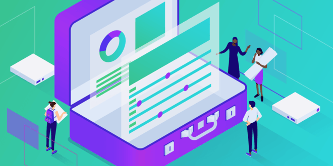 Illustratie van een gigantische koffer gevuld met screenshots van WordPress-gegevens, witte miniatuurmensen die toezicht houden op het project