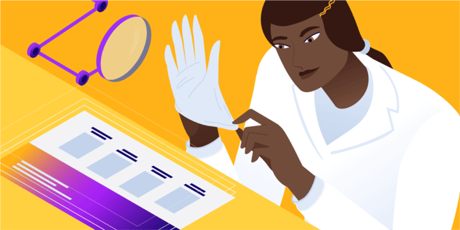 Illustratie van persoon in laboratoriumjas en het aantrekken van een witte handschoen begint aan een portfolio te werken