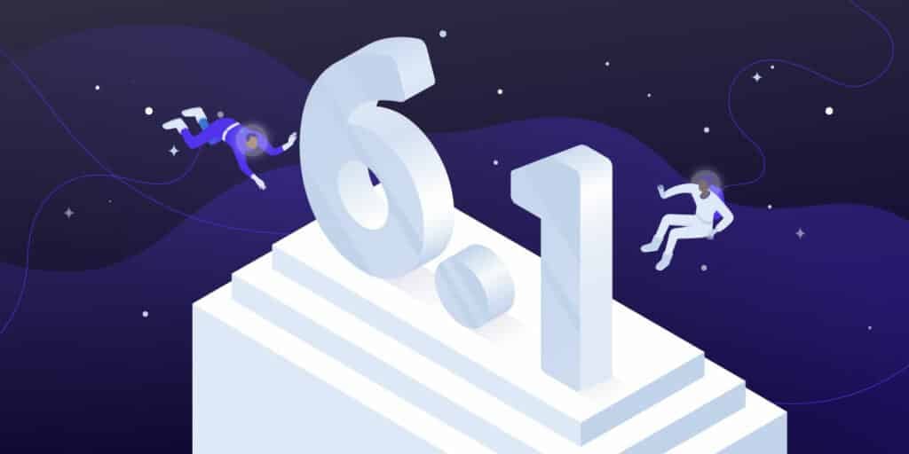 Illustratie van het getal 6.1 op een platform dat in de ruimte zweeft met twee miniatuurmensen in de buurt