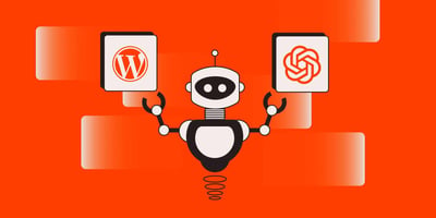 Text: Robô segurando o logo do WordPress e a logo da OpenAI